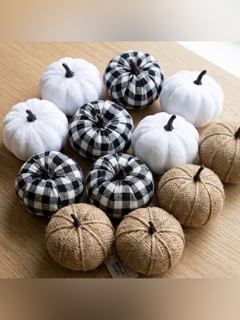 Set of 12 Farmhouse Fall Pumpkins  Buffalo Plaid, White & Burlap Décor
